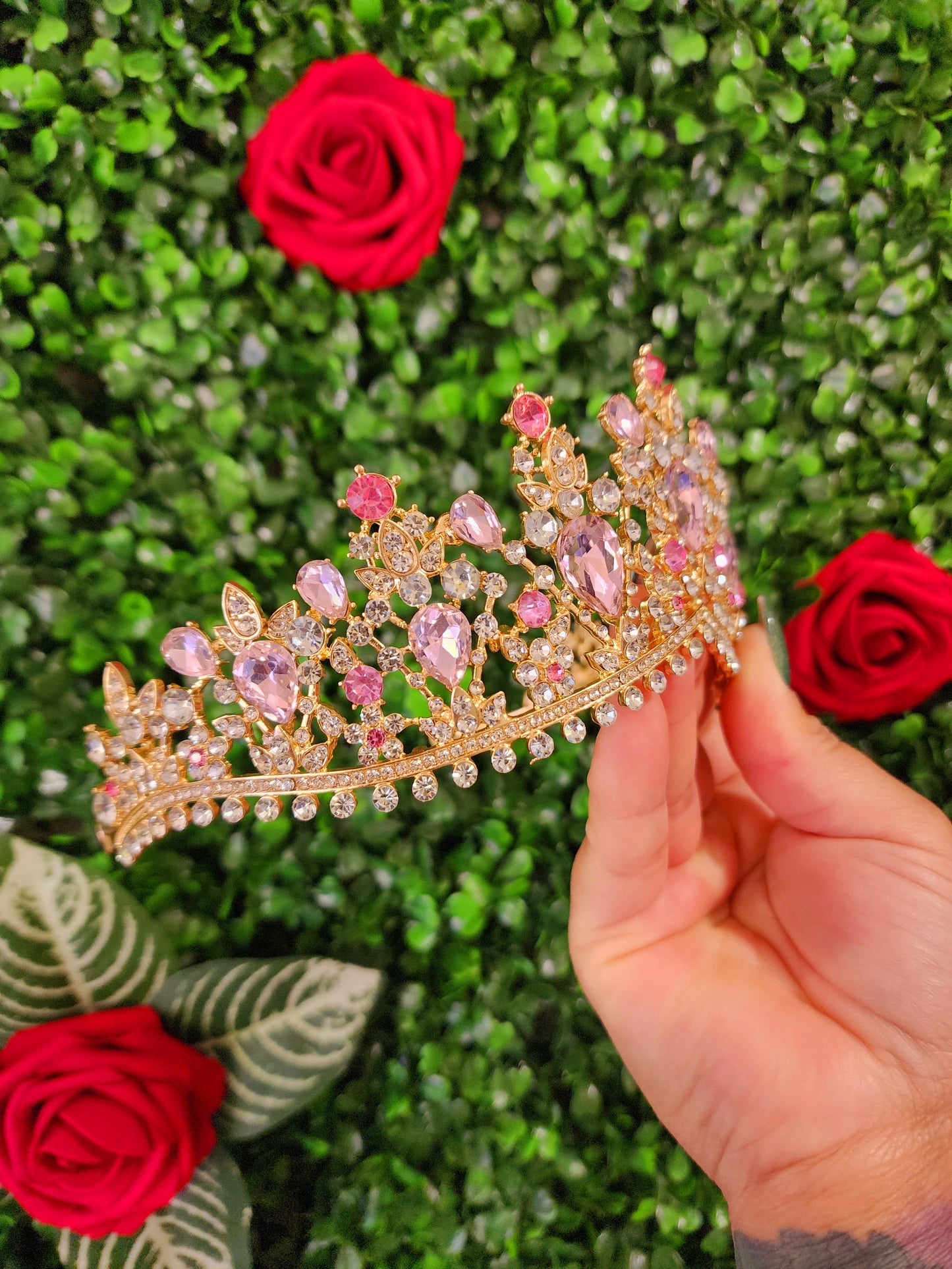 Gold Tiara with Pink & Silver Rhinestones (255)