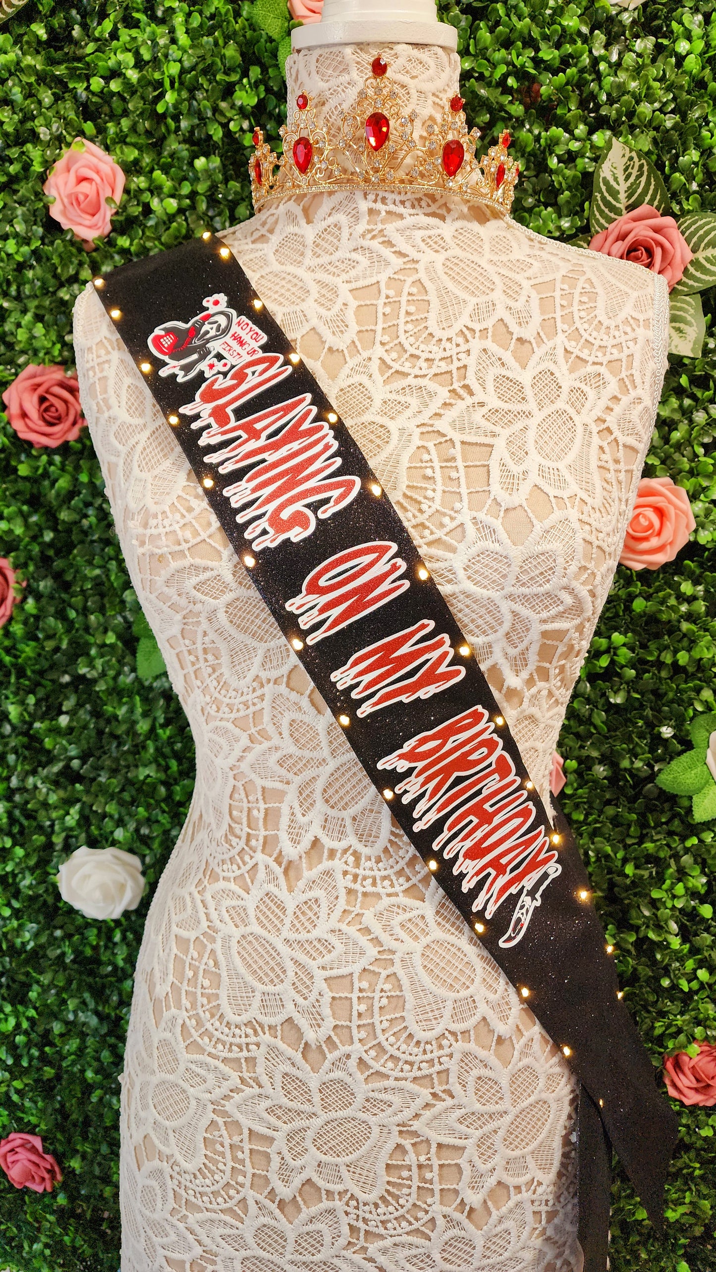 Horror Light Up Sash, Ghostface, Scream "Slaying On My Birthday" Slasher Theme Party | LED Birthday Party Sash, Halloween Birthday Accessory
