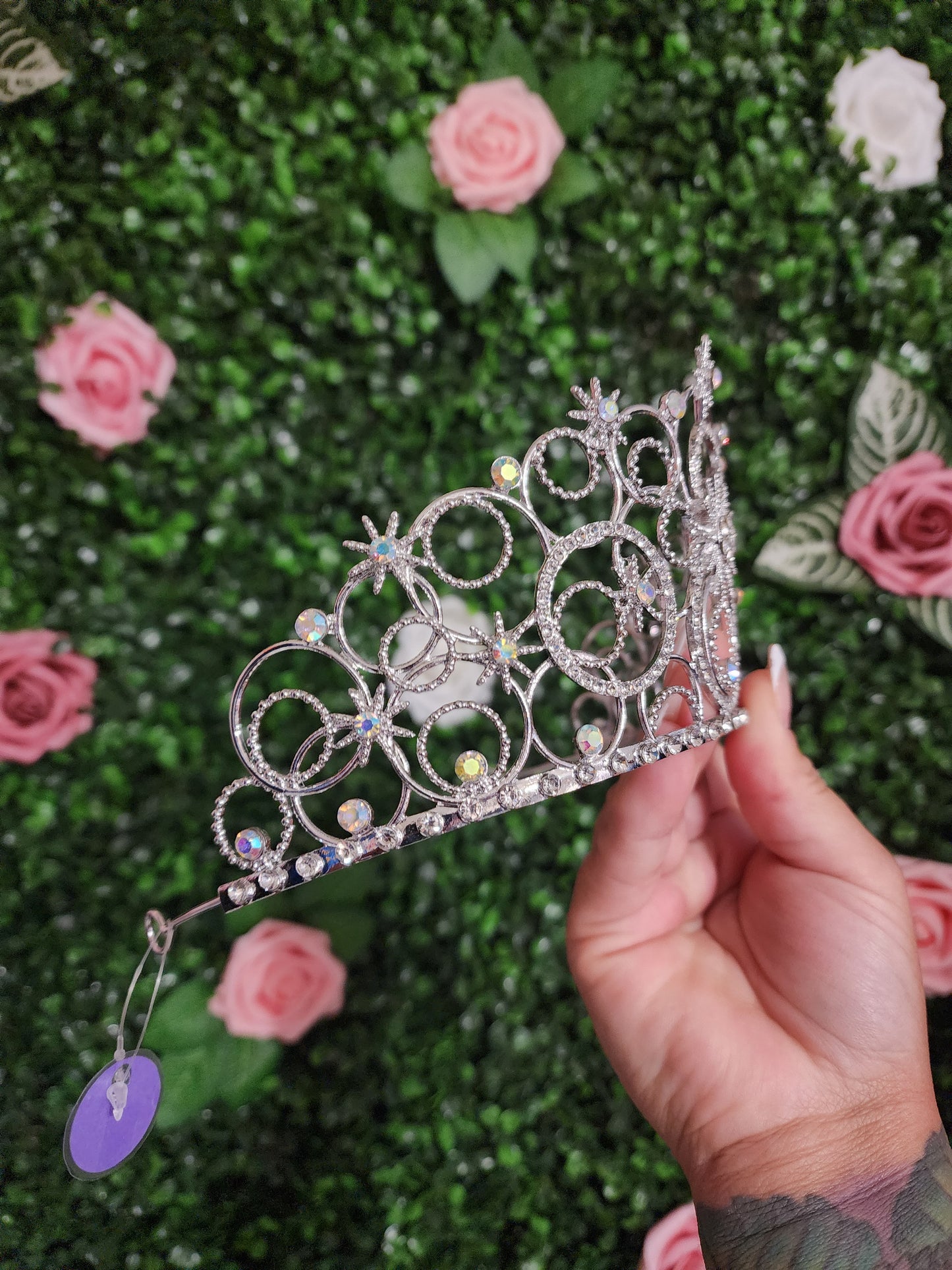 Silver Tiara with Iridescent and Silver Rhinestones