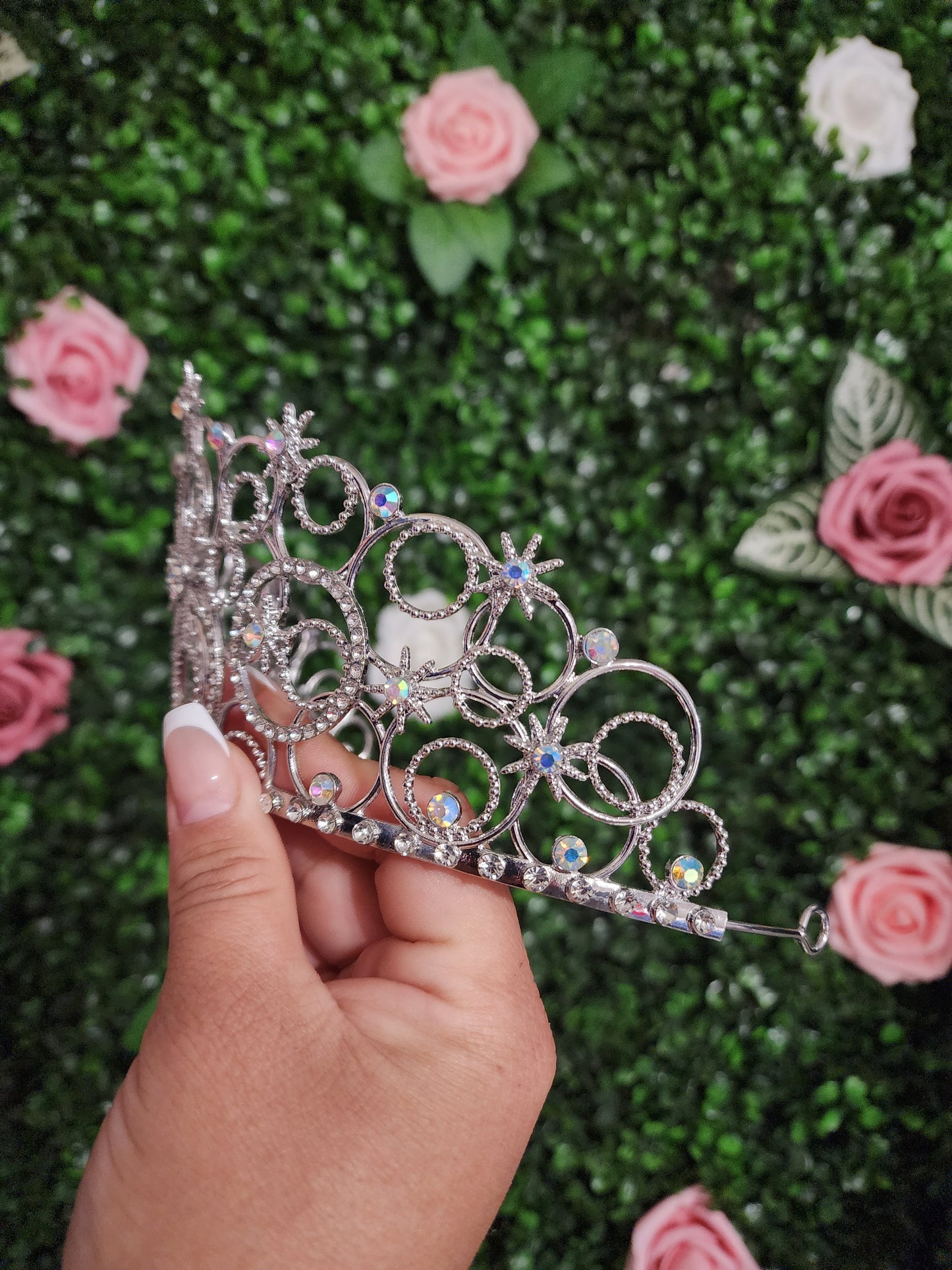 Silver Tiara with Iridescent and Silver Rhinestones