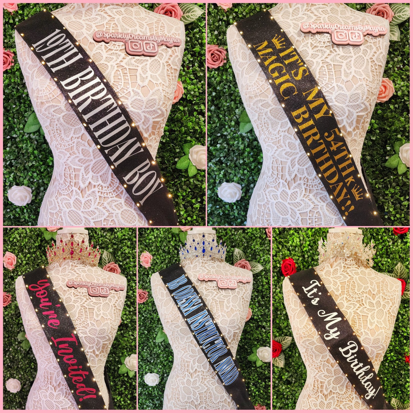Custom Glitter Light-Up Sash | Personalized LED Party Sash for Birthdays, Brides, Bachelorettes, Sweet 16, Quinceañera (Extra Length OVER 66 inches)