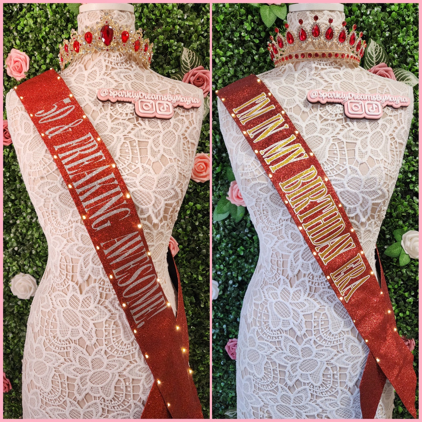 Custom Glitter Light-Up Sash | Personalized LED Party Sash for Birthdays, Brides, Bachelorettes, Sweet 16, Quinceañera (Extra Length OVER 66 inches)