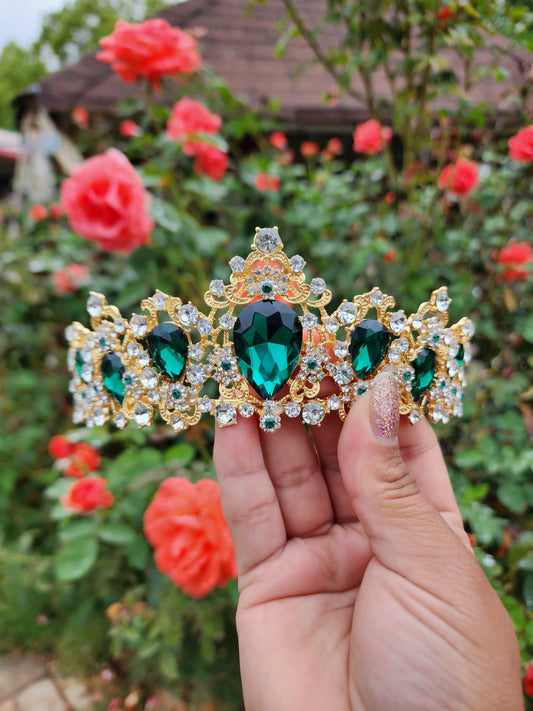 Gold Tiara with Green & Silver Rhinestones (169)