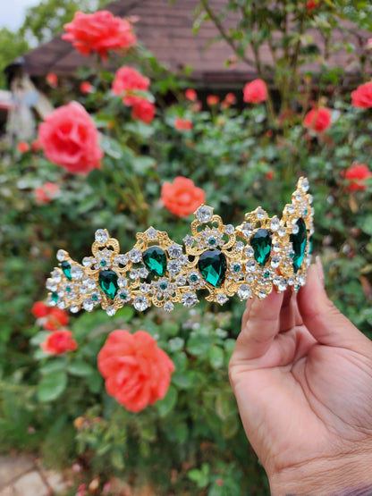 Gold Tiara with Green & Silver Rhinestones (169)