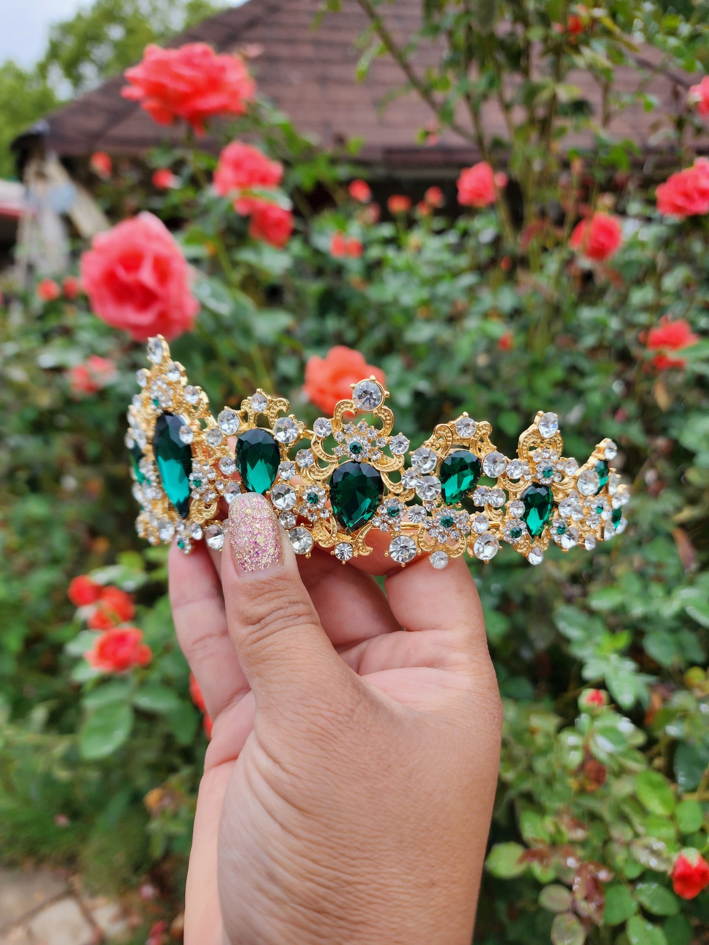 Gold Tiara with Green & Silver Rhinestones (169)