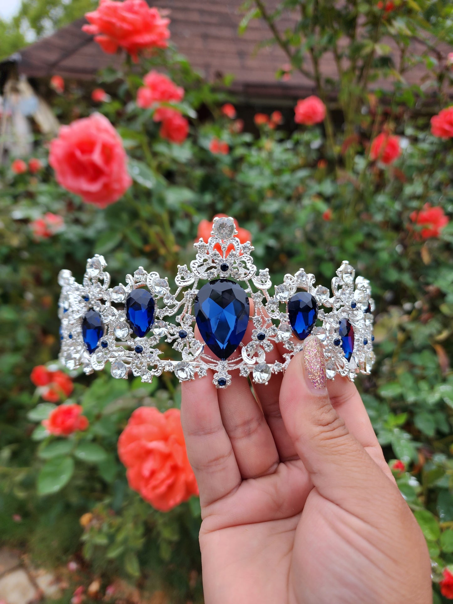 Silver Tiara with Silver & Navy Blue Rhinestones (168)