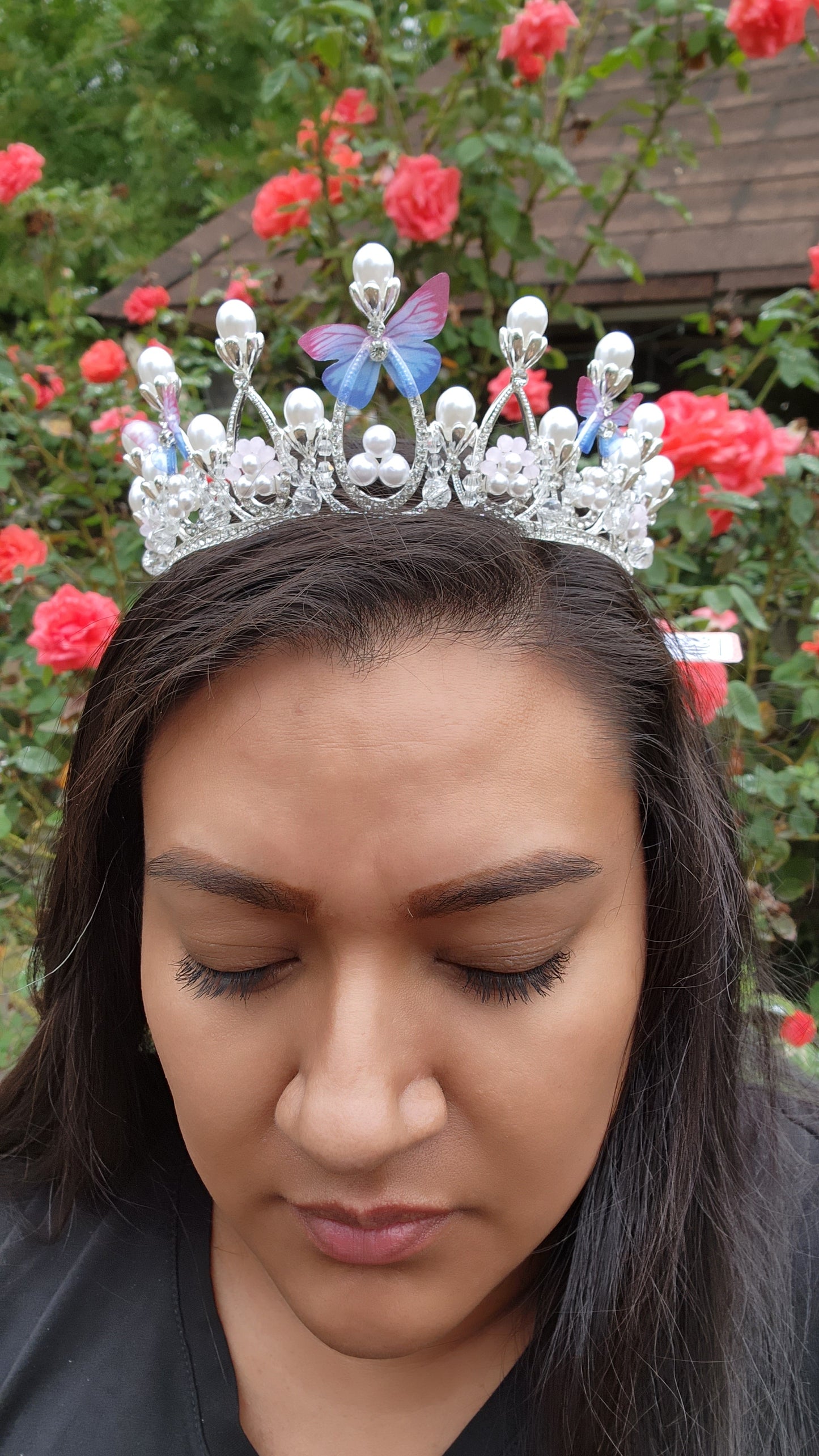 Silver Crown with Butterflies, Rhinestones, Faux Pearls & Beads (27)