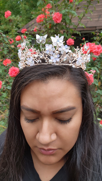 Silver Butterfly Tiara w/ Iridescent Rhinestones, Beads & Faux Pearls (190)