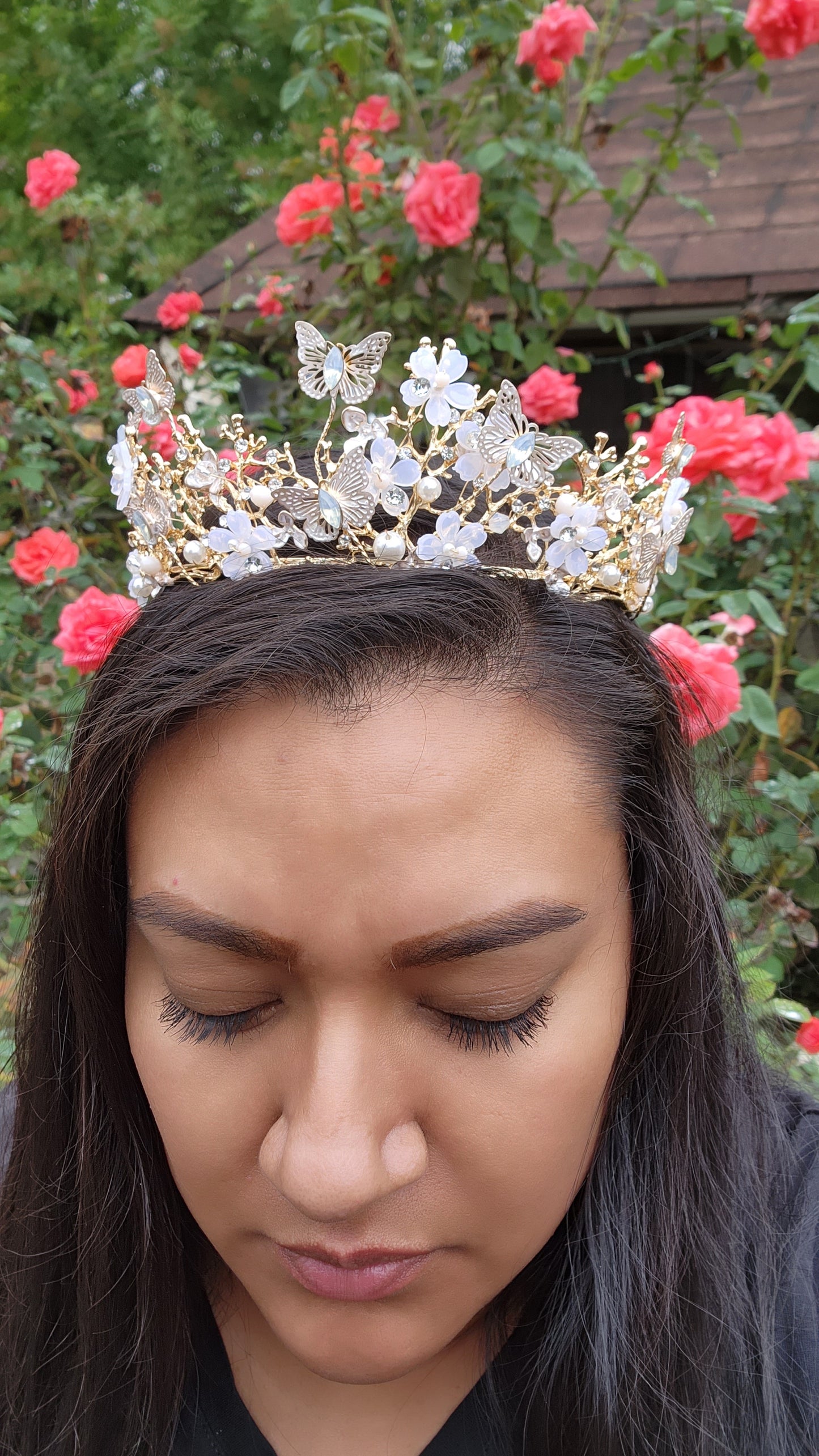 Gold Butterfly Tiara w/ Red Rhinestones, Beads & Faux Pearls (238)