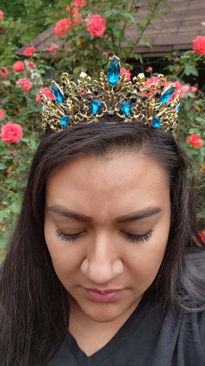 Gold Tiara with Black & Teal Rhinestones (148)