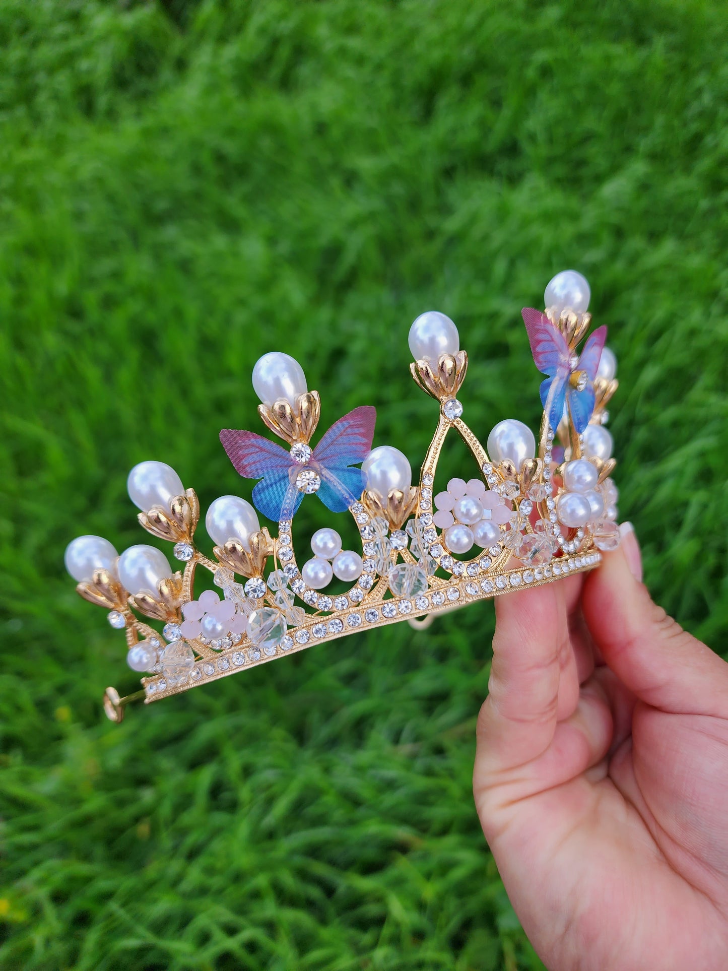 Gold Tiara with Butterflies, Rhinestones, Faux Pearls & Beads (188)