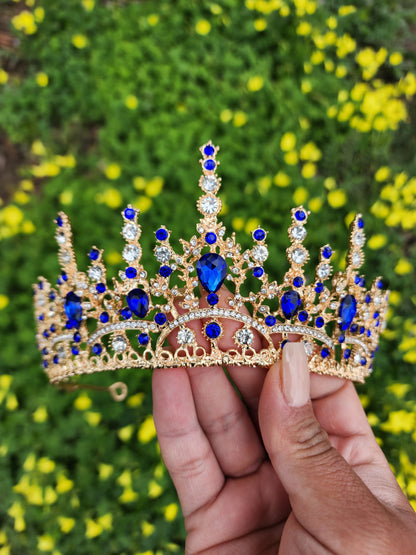 Gold Tiara with Silver and Blue Rhinestones (203)