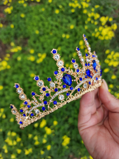 Gold Tiara with Silver and Blue Rhinestones (203)