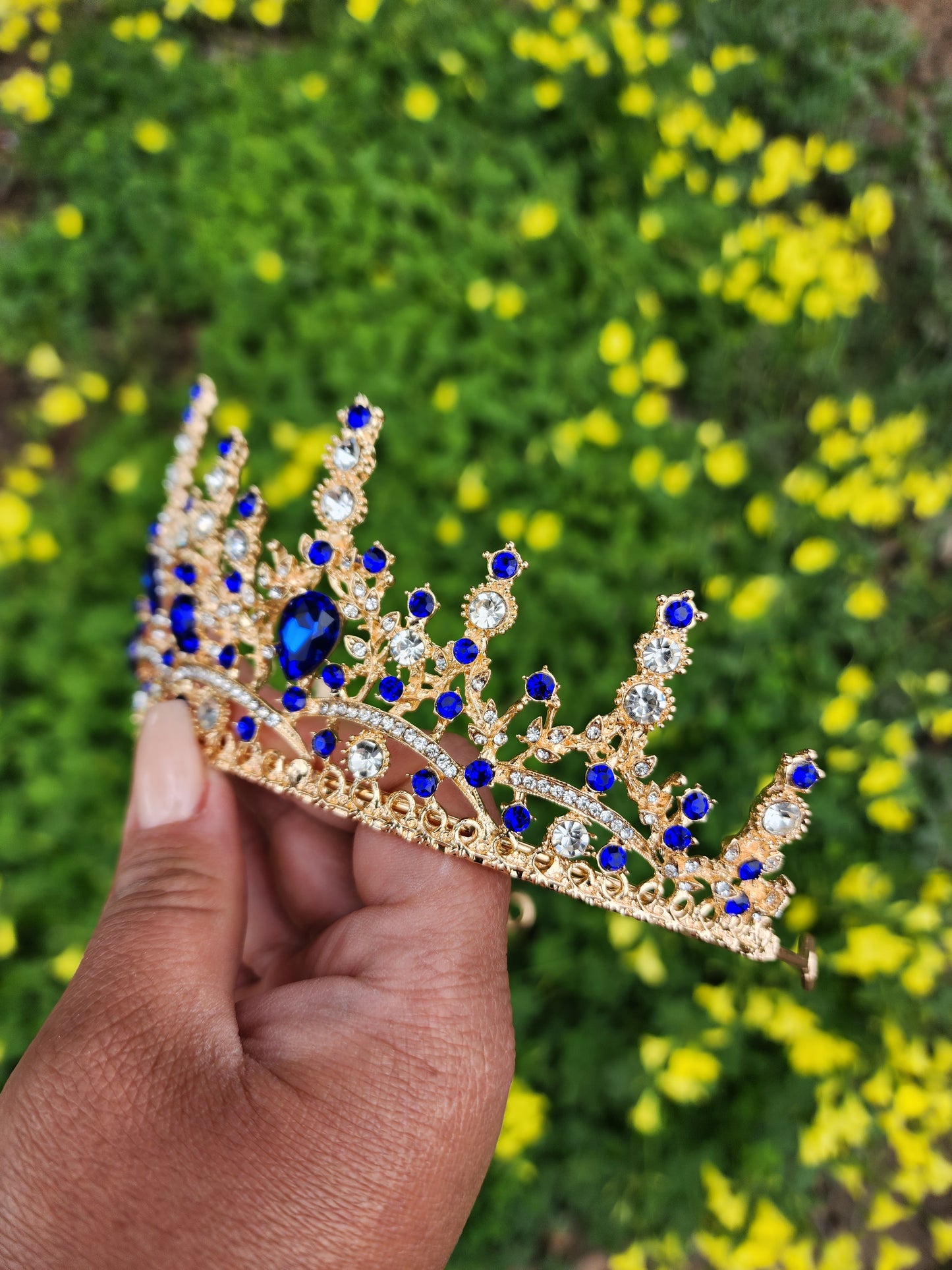 Gold Tiara with Silver and Blue Rhinestones (203)