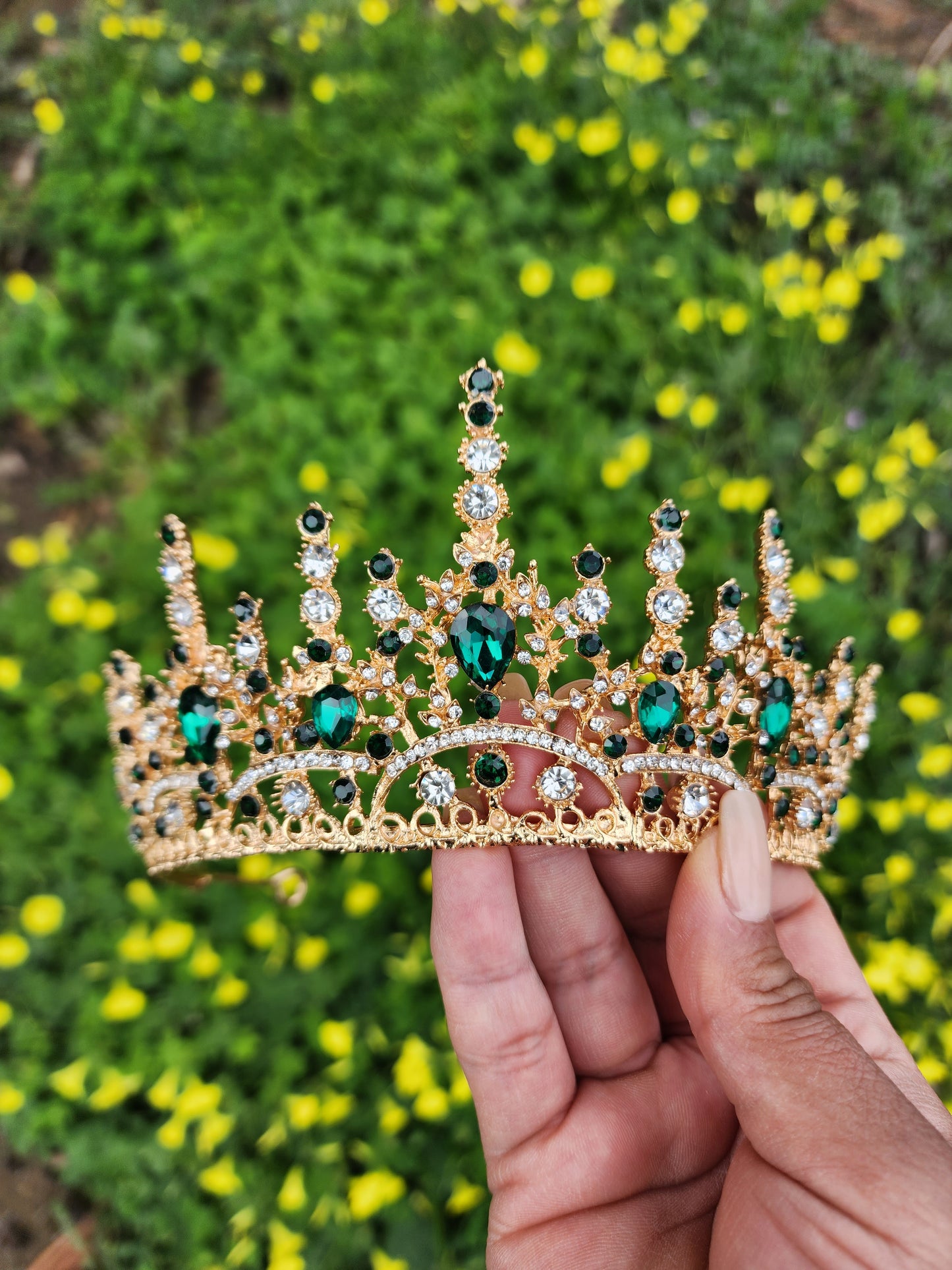 Gold Tiara with Green & Silver Rhinestones (207)