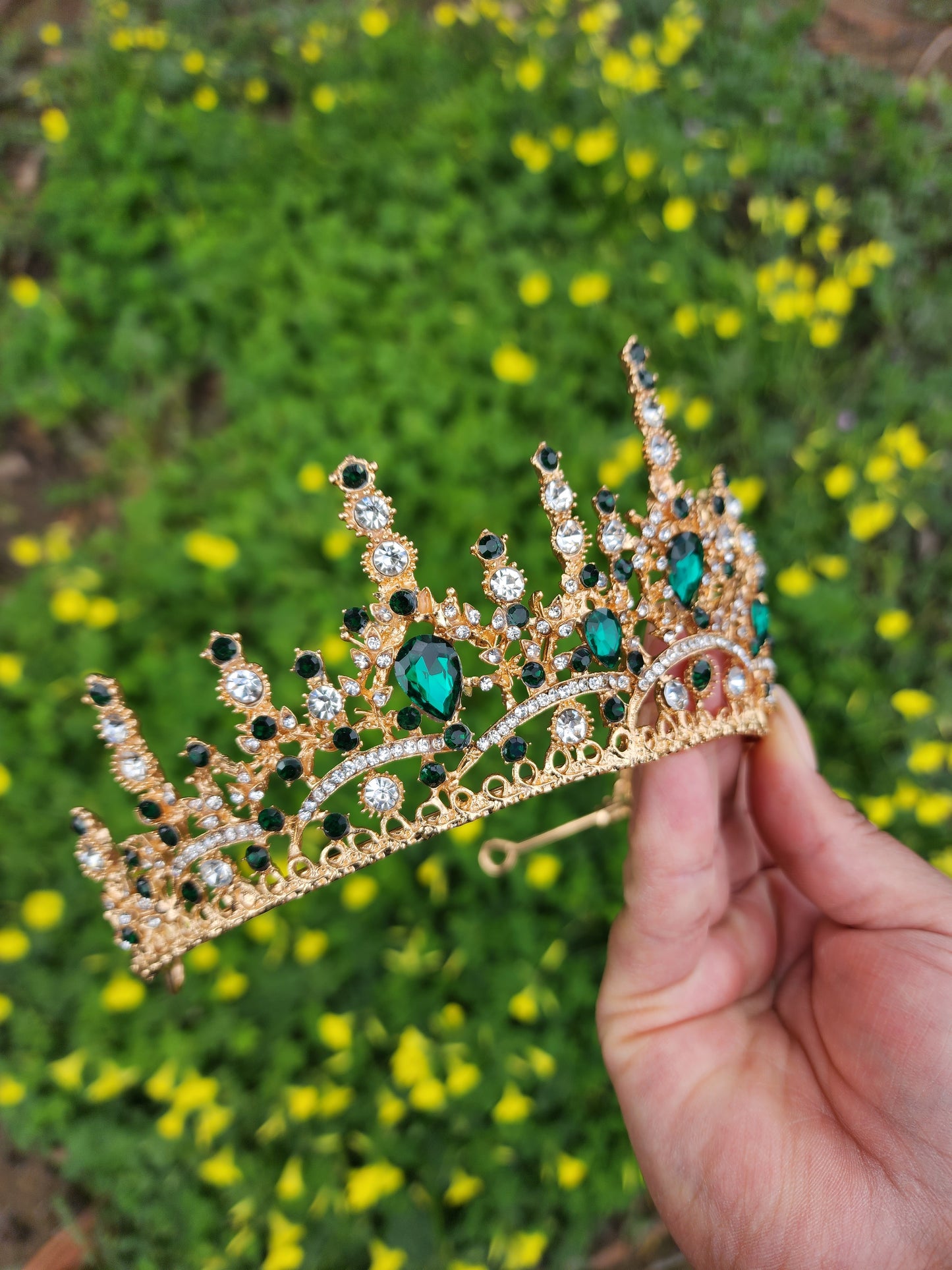 Gold Tiara with Green & Silver Rhinestones (207)