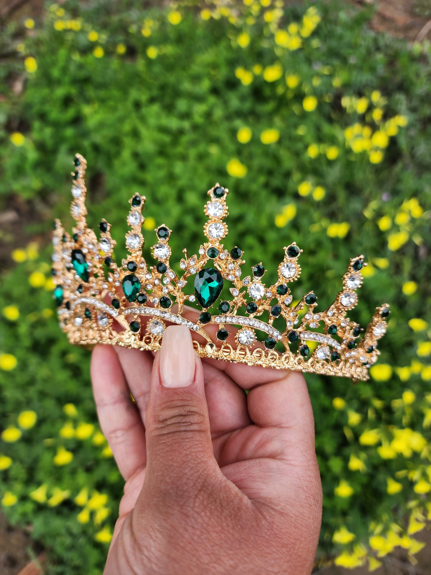 Gold Tiara with Green & Silver Rhinestones (207)