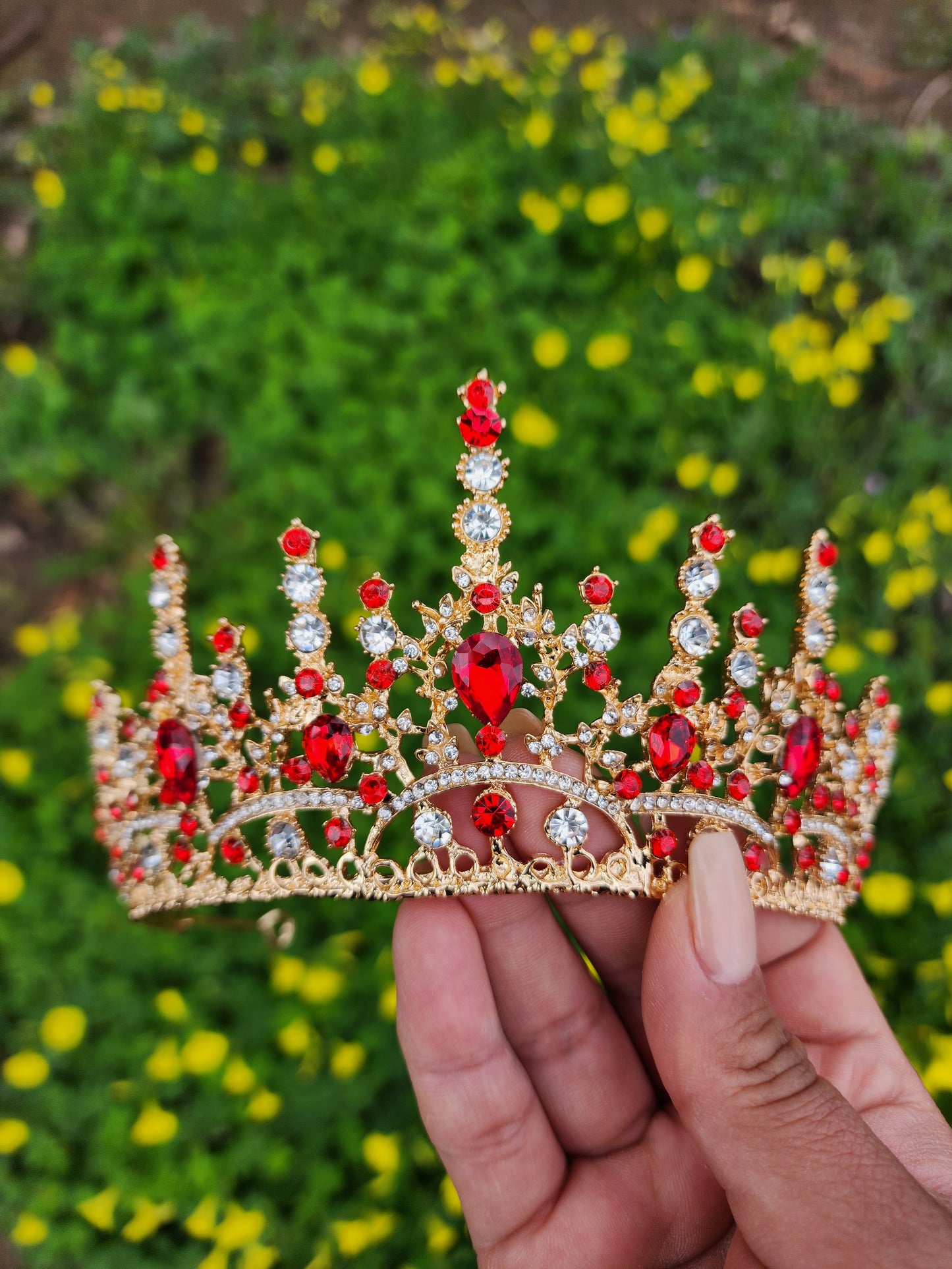 Gold Tiara with Red & Silver Rhinestones (208)