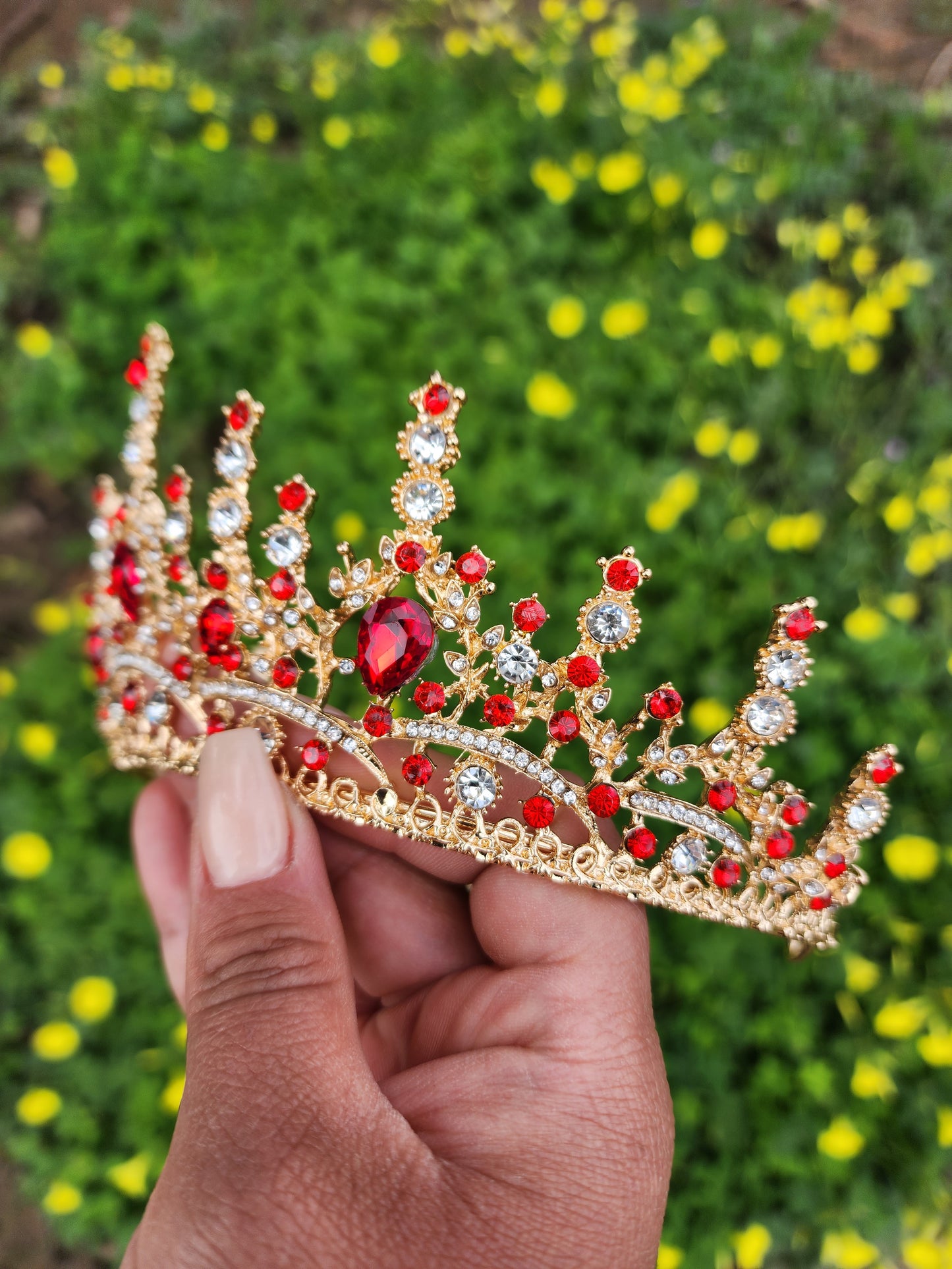 Gold Tiara with Red & Silver Rhinestones (208)