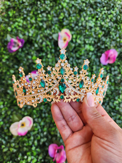 Gold Tiara with Green & Silver Rhinestones (227)