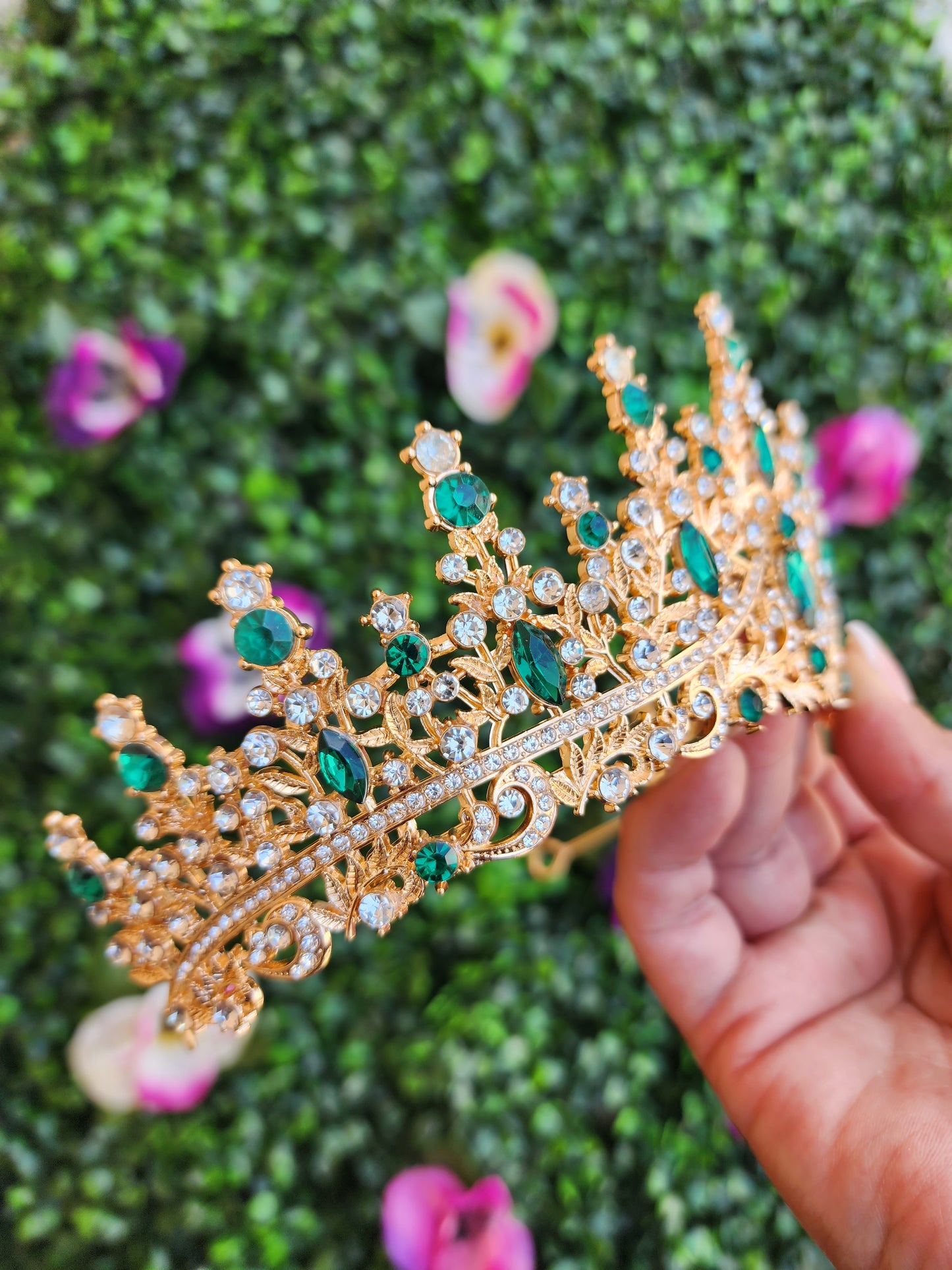 Gold Tiara with Green & Silver Rhinestones (227)