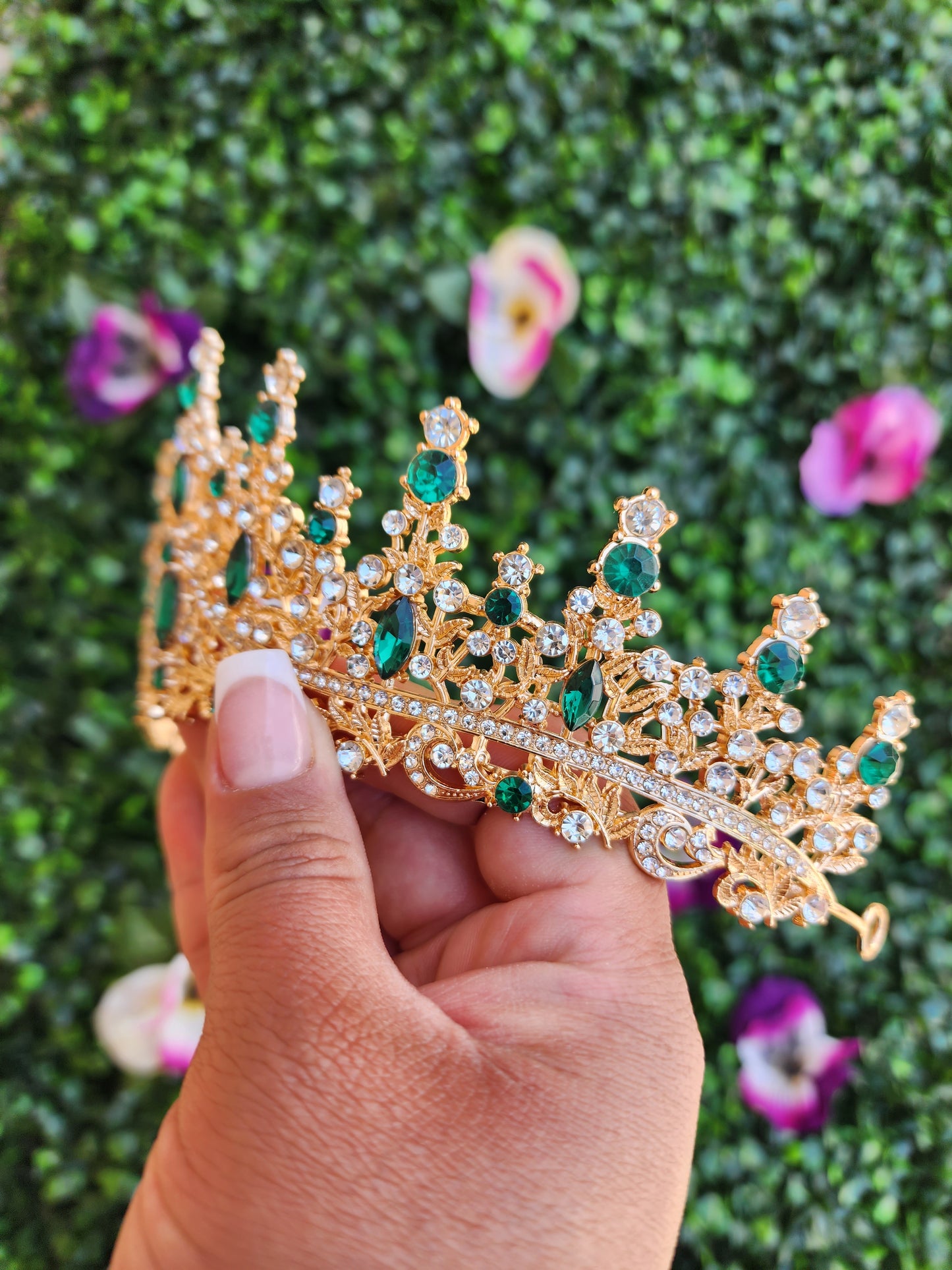 Gold Tiara with Green & Silver Rhinestones (227)