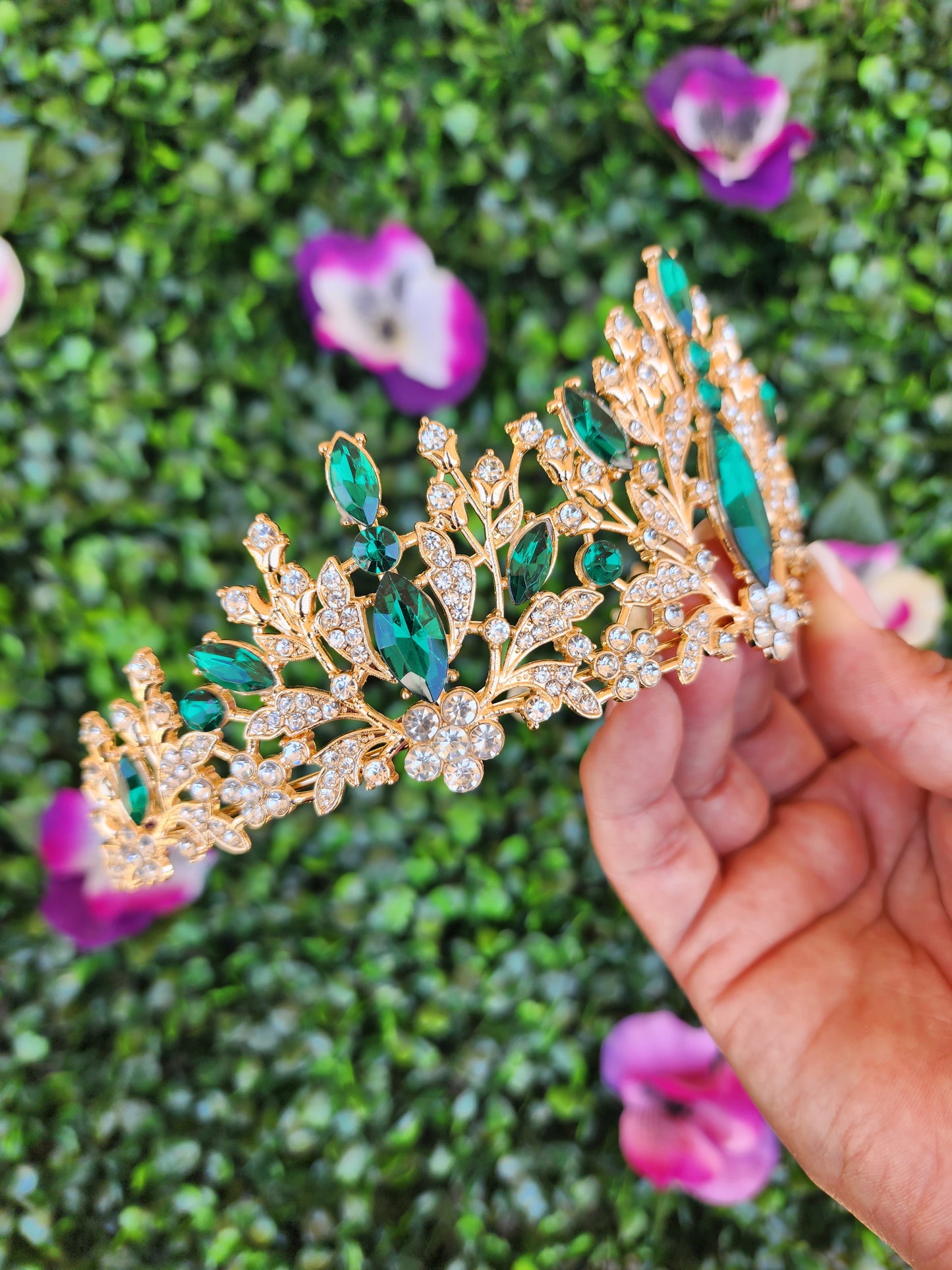 Gold Tiara with Green & Silver Rhinestones (223)