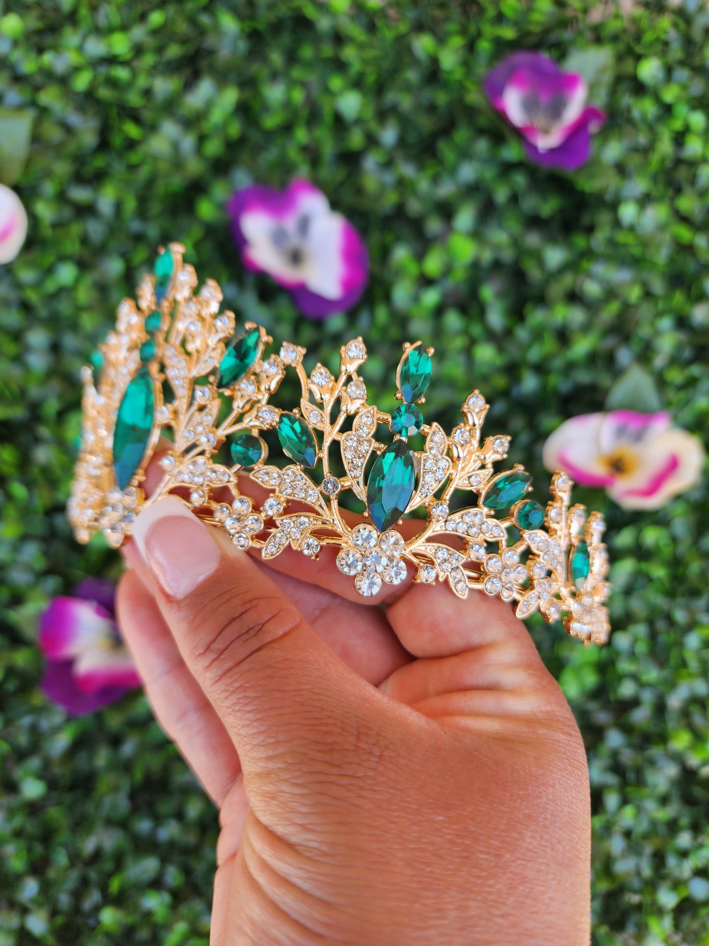 Gold Tiara with Green & Silver Rhinestones (223)