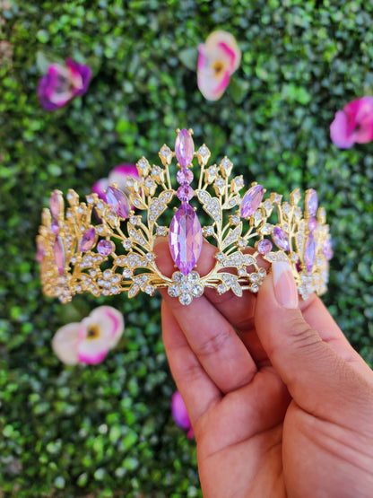 Light Gold Tiara with Lilac & Silver Rhinestones (222)