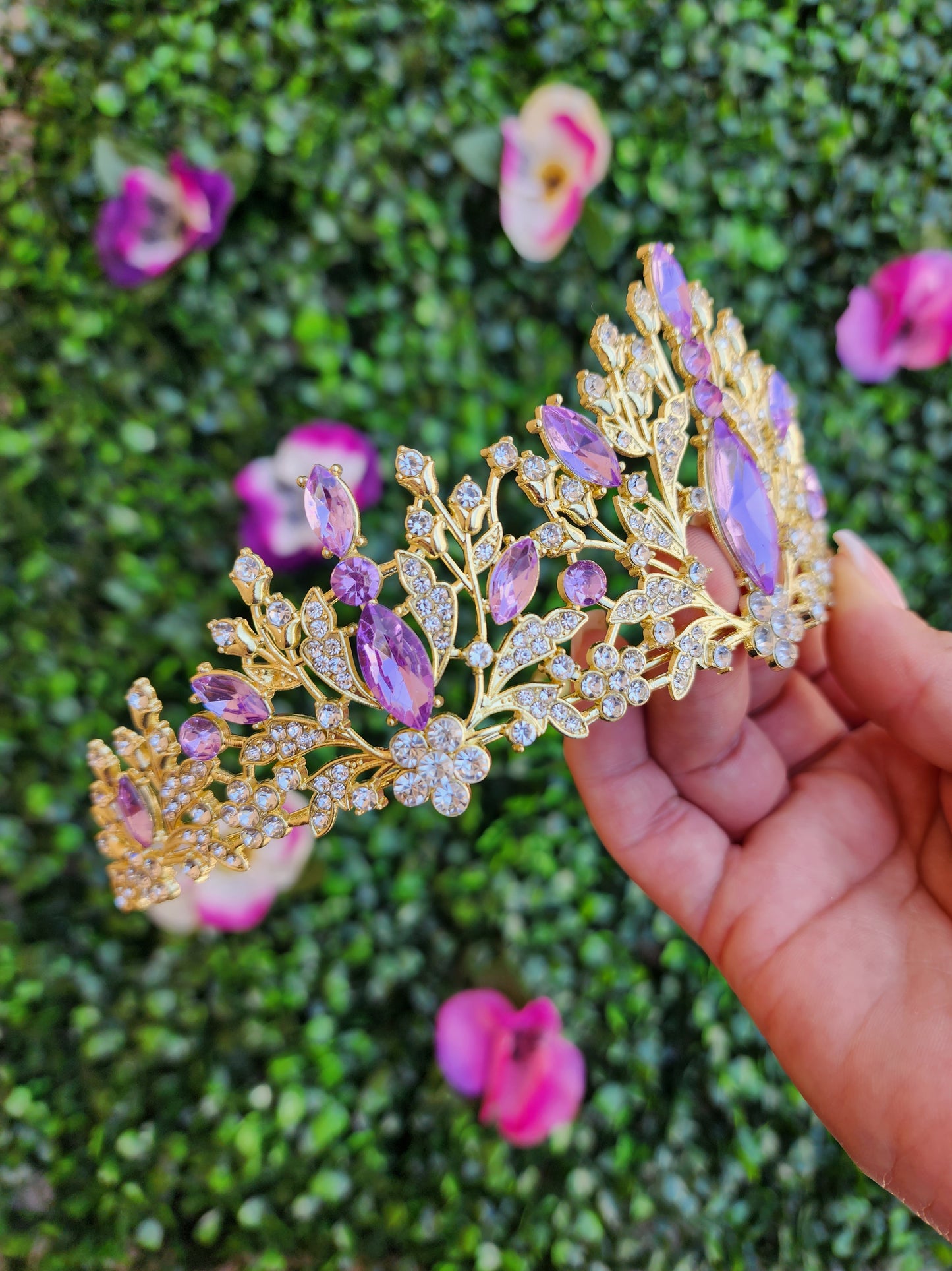 Light Gold Tiara with Lilac & Silver Rhinestones (222)