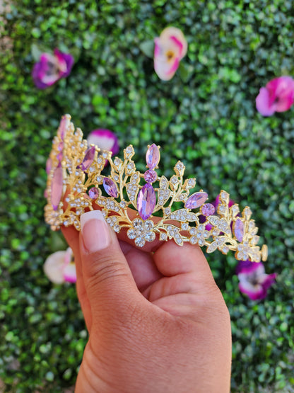 Light Gold Tiara with Lilac & Silver Rhinestones (222)