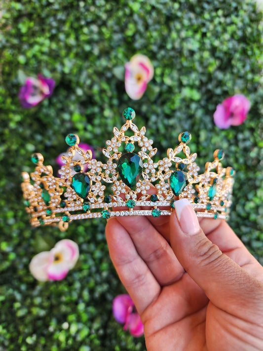 Gold Tiara with Green & Silver Rhinestones (228)