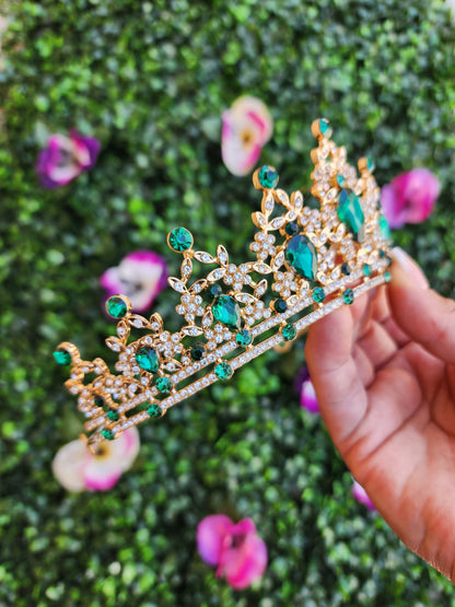 Gold Tiara with Green & Silver Rhinestones (228)