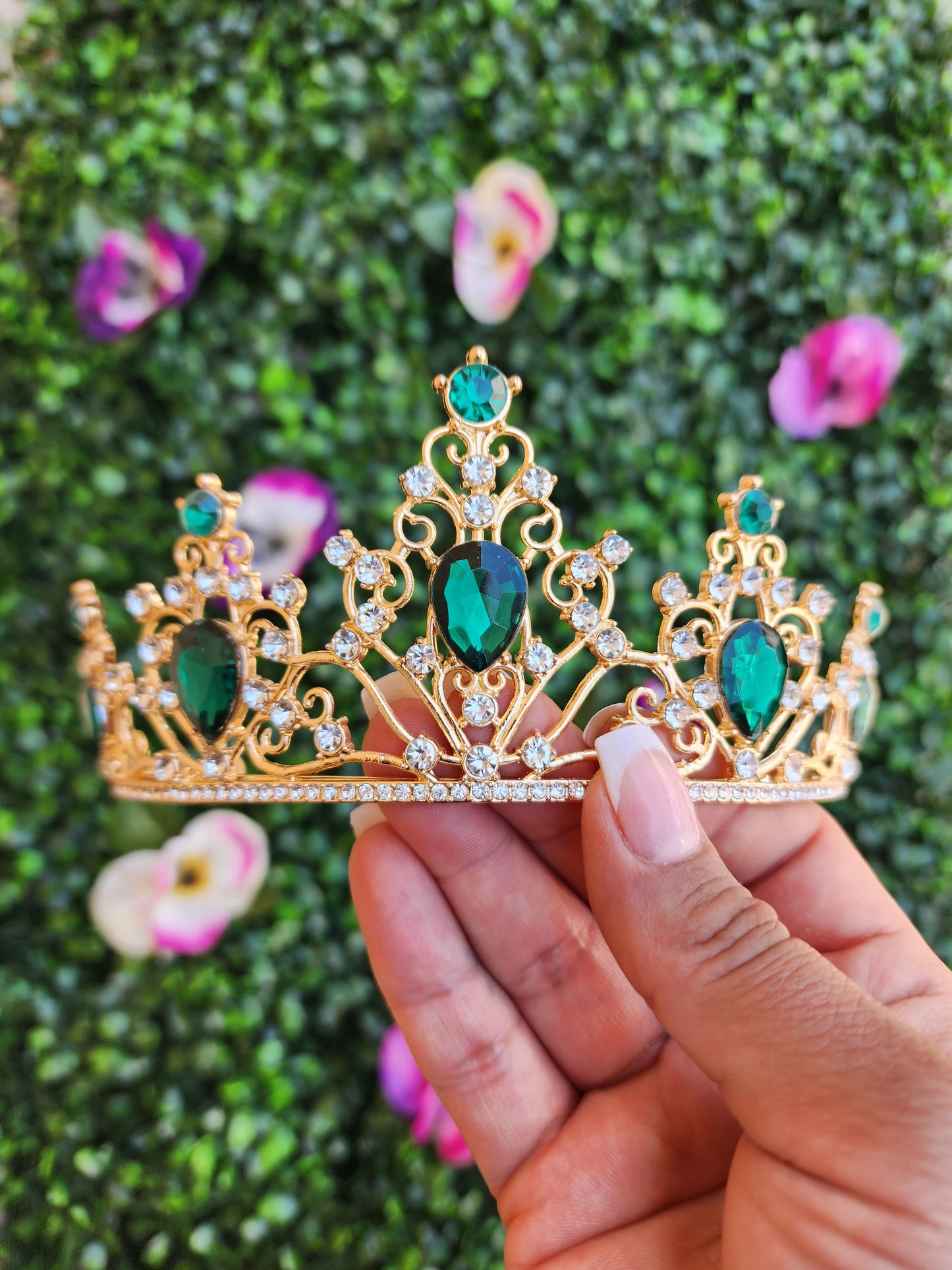 Gold Tiara with Silver & Green Rhinestones (214)