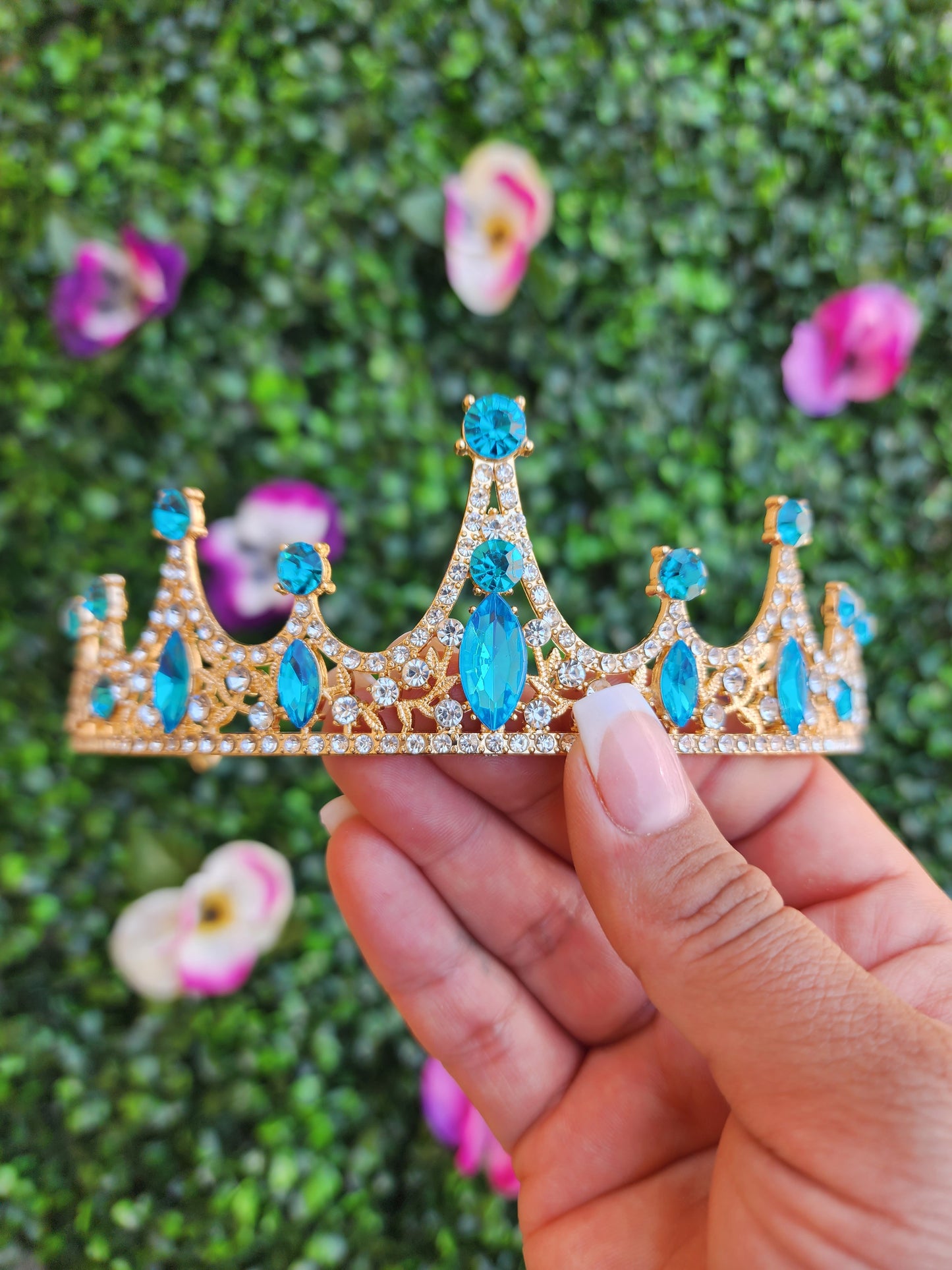 Gold Tiara with Teal & Silver Rhinestones (229)