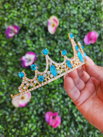 Gold Tiara with Teal & Silver Rhinestones (229)