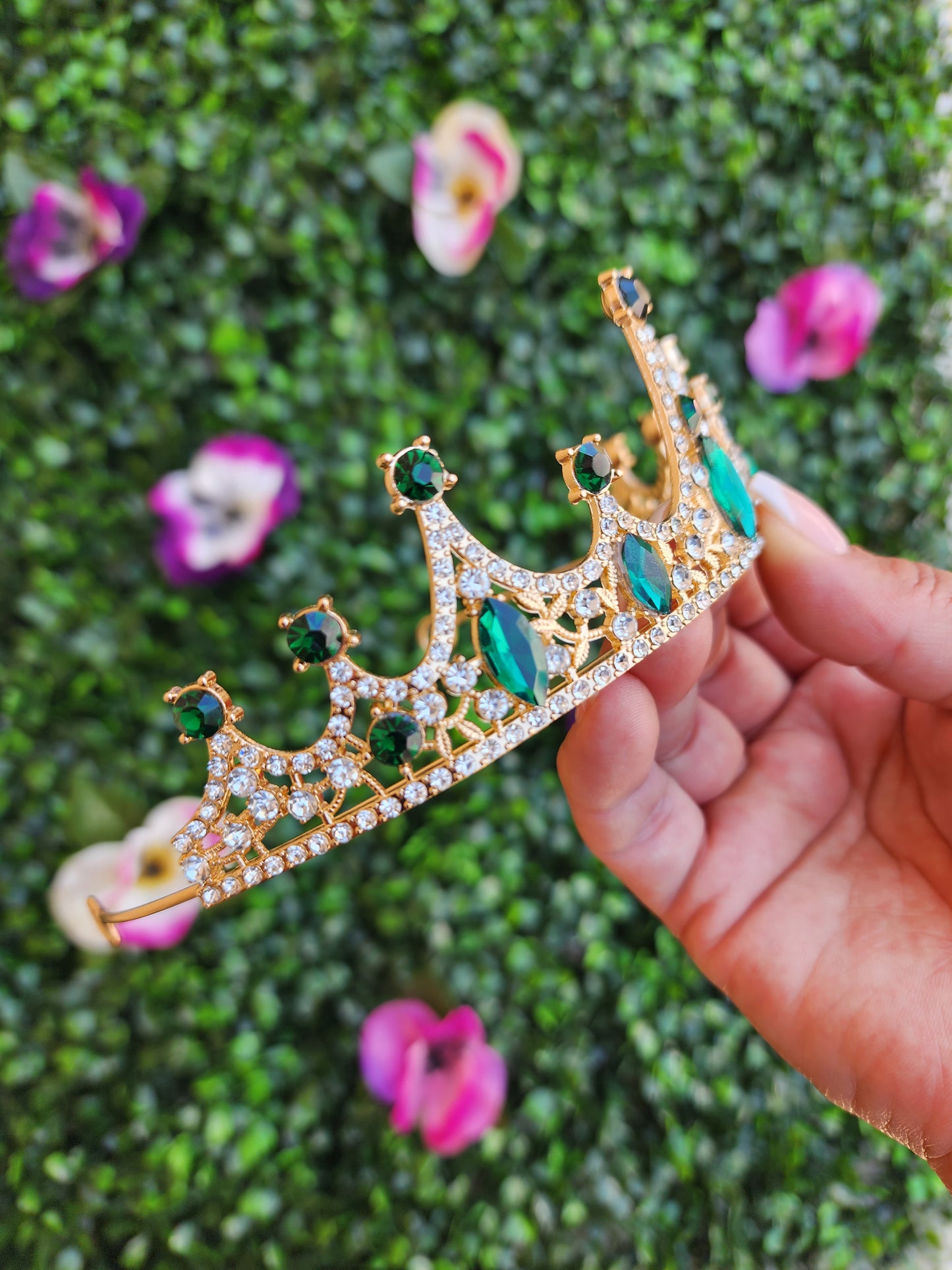 Gold Tiara with Green and Silver Rhinestones (213)