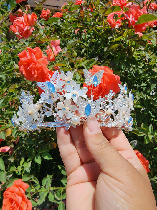 Silver Butterfly Tiara w/ Baby Blue Rhinestones, Beads & Faux Pearls (239)