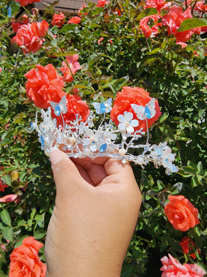 Silver Butterfly Tiara w/ Baby Blue Rhinestones, Beads & Faux Pearls (239)