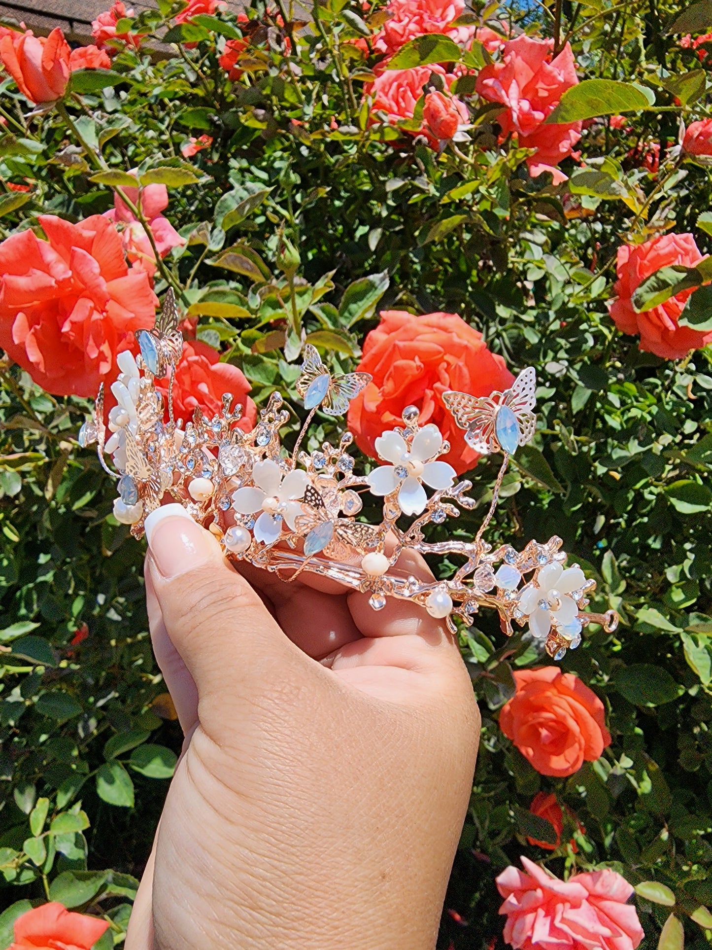 Rose Gold Butterfly Tiara w/ Beads & Faux Pearls (87)