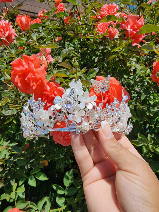 Silver Butterfly Tiara w/ Baby Pink Rhinestones, Beads & Faux Pearls (235)