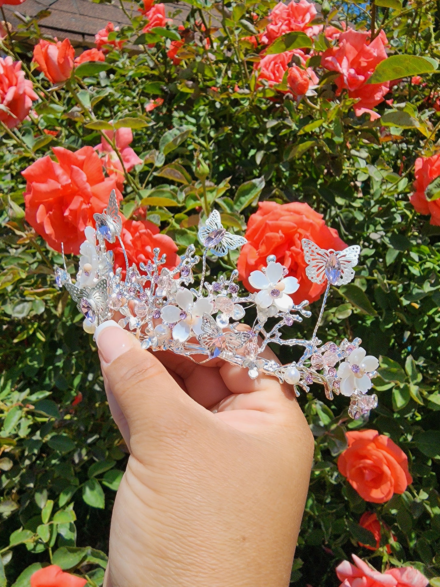 Silver Butterfly Tiara w/ Baby Pink Rhinestones, Beads & Faux Pearls (235)