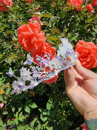 Silver Butterfly Tiara w/ Lilac Rhinestones, Beads & Faux Pearls (237)