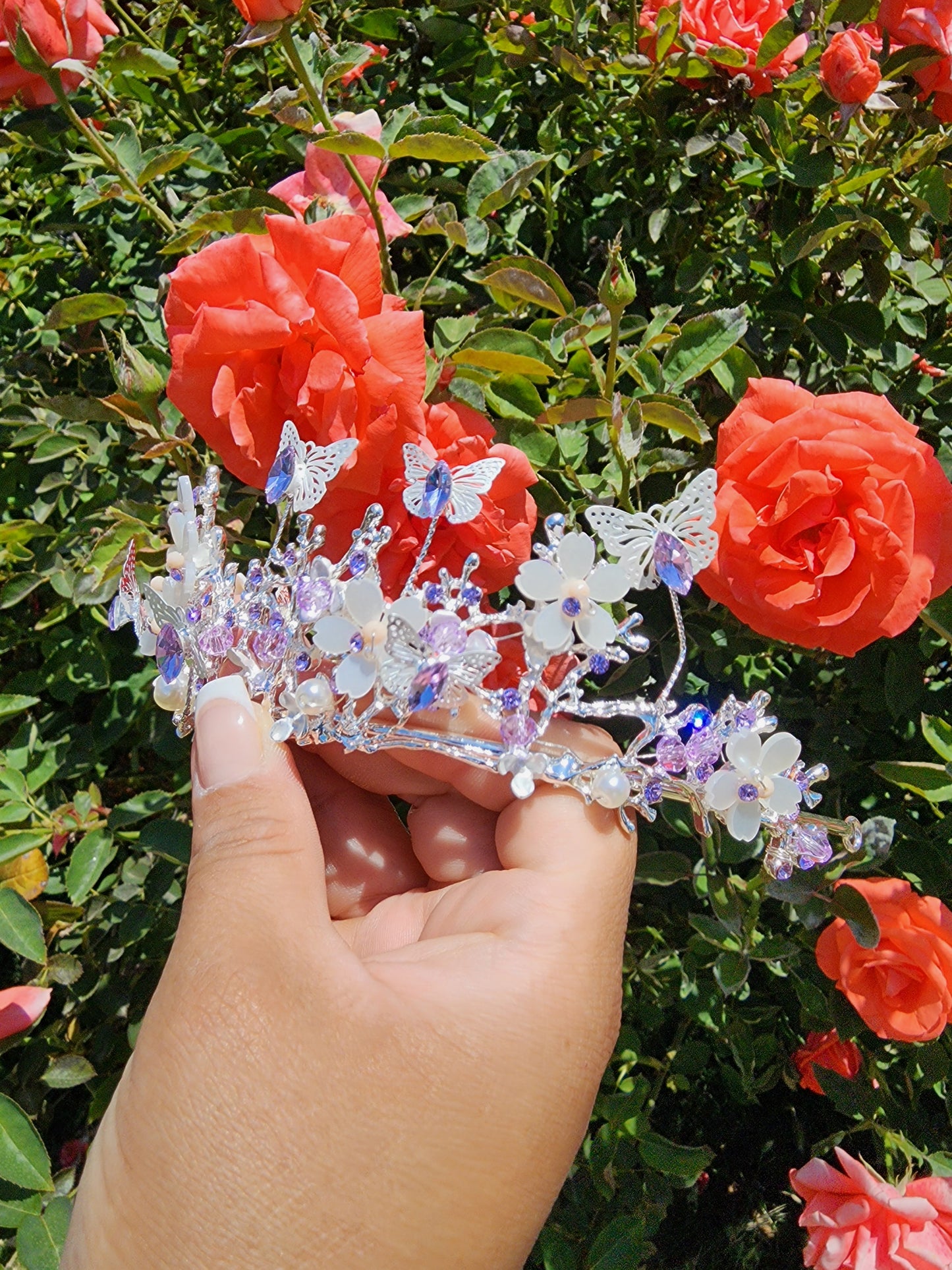 Silver Butterfly Tiara w/ Lilac Rhinestones, Beads & Faux Pearls (237)