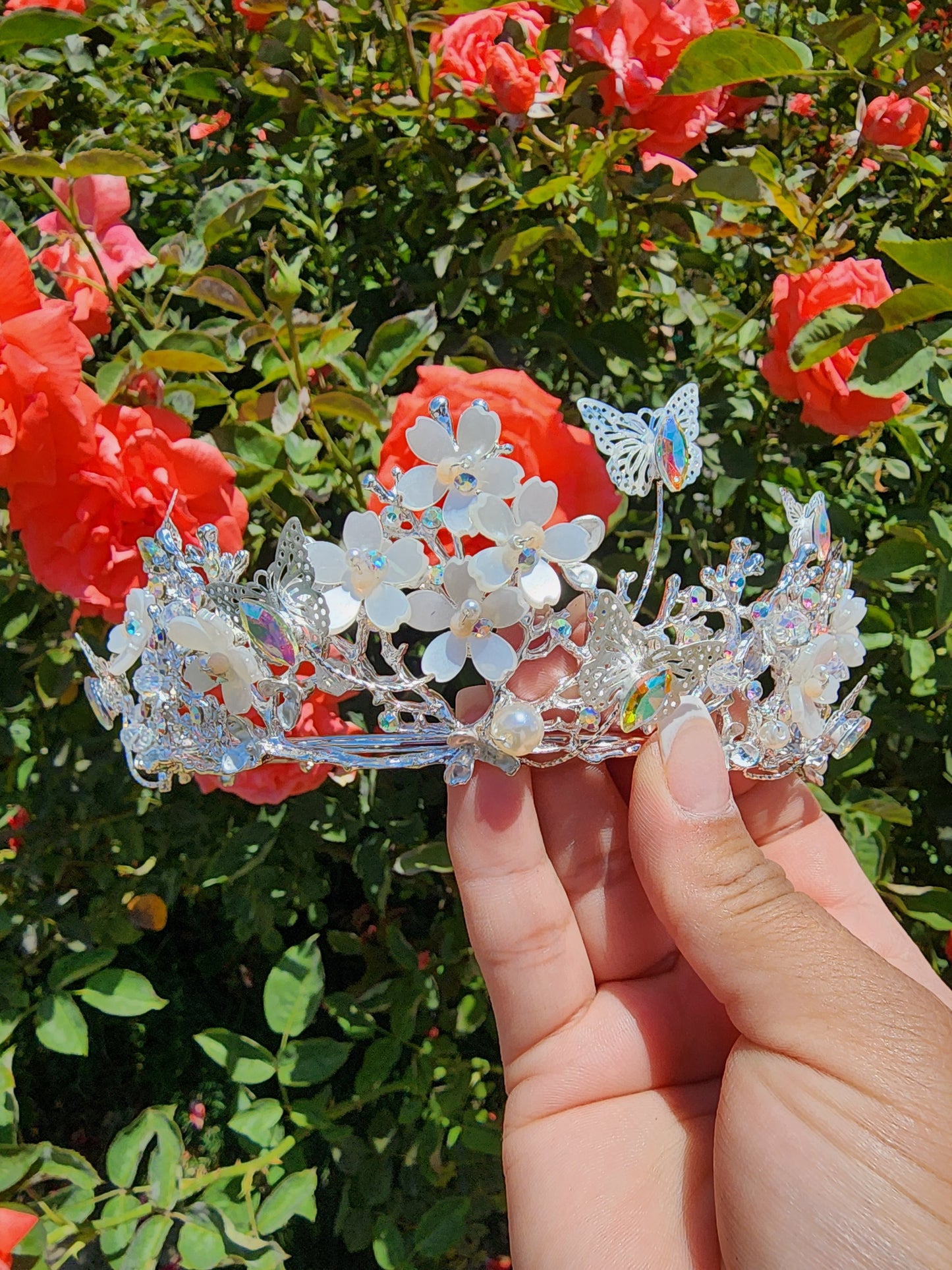 Silver Butterfly Tiara w/ Iridescent Rhinestones, Beads & Faux Pearls (190)