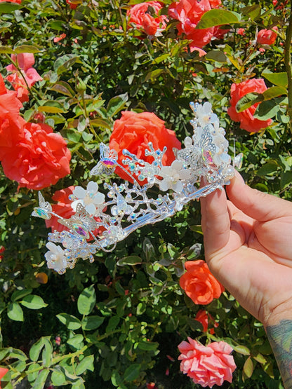 Silver Butterfly Tiara w/ Iridescent Rhinestones, Beads & Faux Pearls (190)