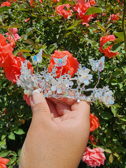 Silver Butterfly Tiara w/ Iridescent Rhinestones, Beads & Faux Pearls (190)