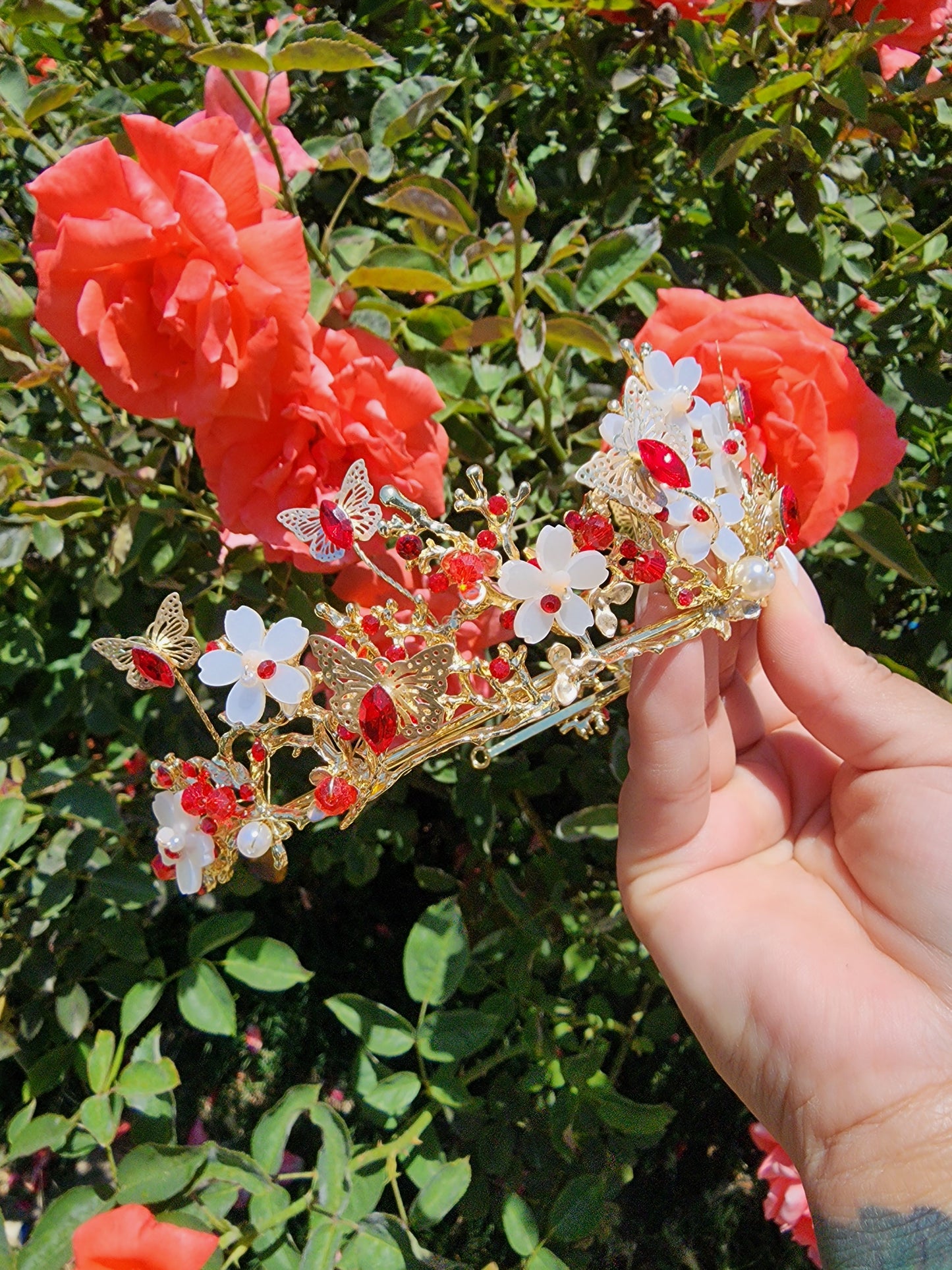 Gold Butterfly Tiara w/ Red Rhinestones, Beads & Faux Pearls (238)