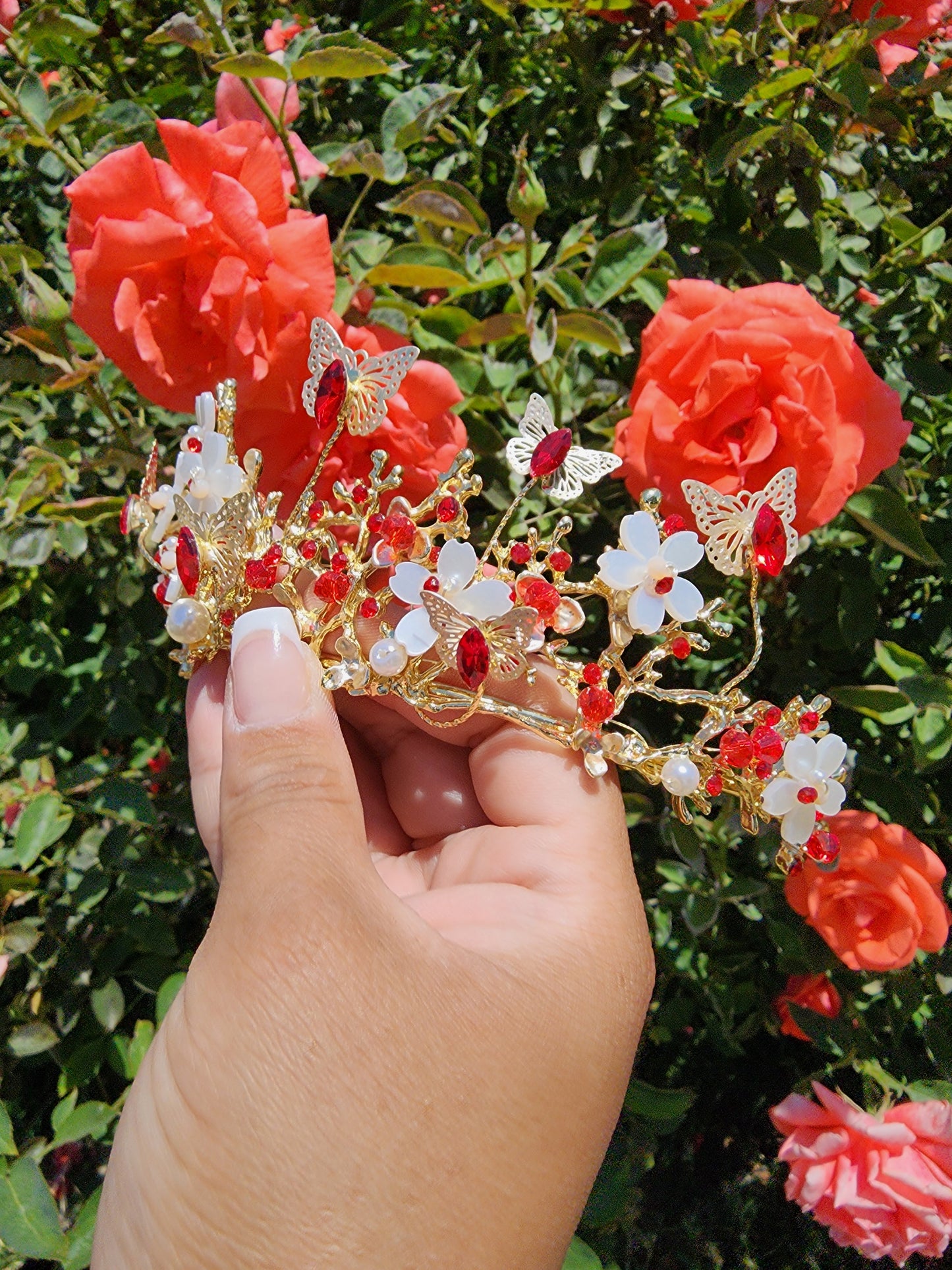 Gold Butterfly Tiara w/ Red Rhinestones, Beads & Faux Pearls (238)