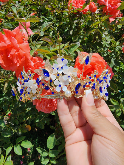 Gold Butterfly Tiara w/ Royal Blue Rhinestones, Beads & Faux Pearls (236)